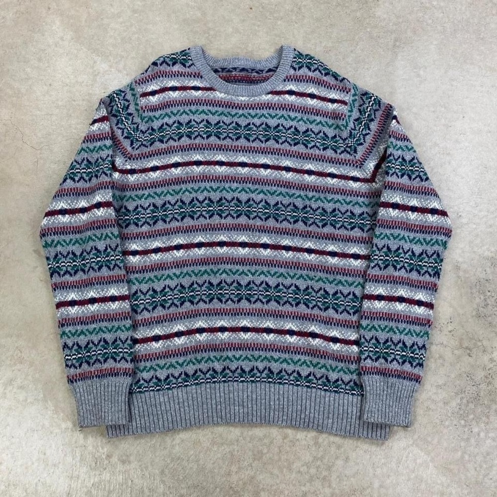 Vintage 90s Geometric Striped Sweater Size XL Gray Pull Over Grandpa Boho